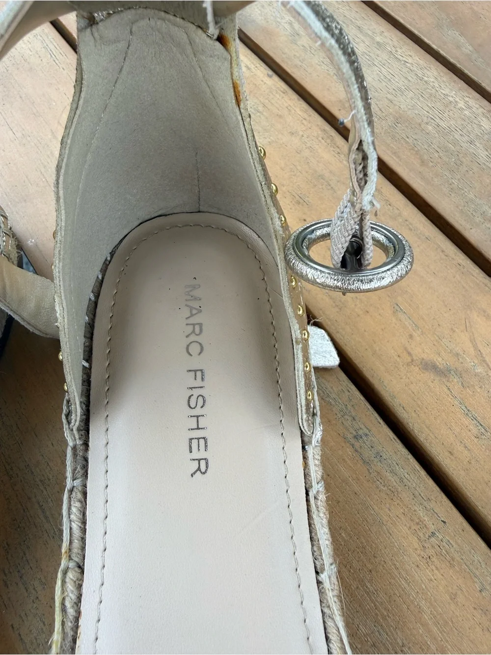 Marc Fisher Gold Metallic Scalloped Ankle-Strap Espadrilles